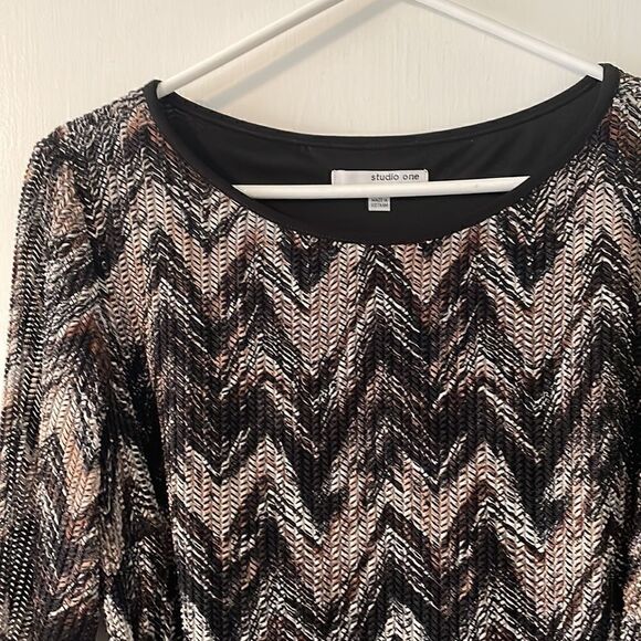 studio one new york lined earth tone chevron 3/4 sleeve dress & attached sash 12 - Picture 2 of 13